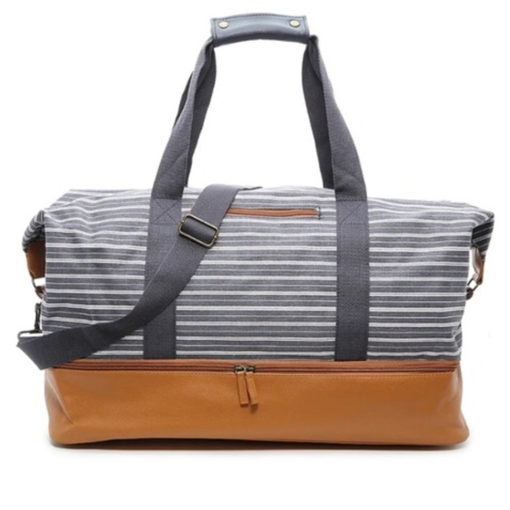 Blue/Gray and White Stripped bag with leather bottom.